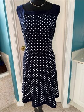 Chaps Navy and White Polka Dot Midi Dress
